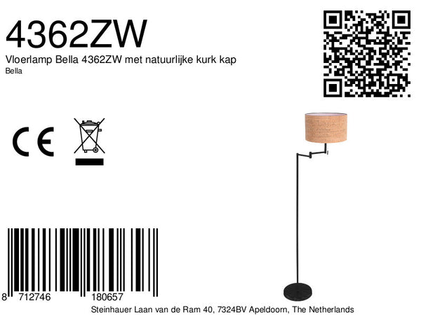 Vloerlamp bella 4362zw met natuurlijke kurk kap