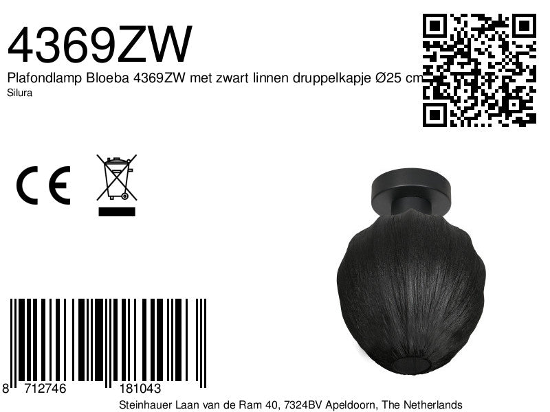 Plafondlamp silura 4369zw – zwart met zwart linnen kapje