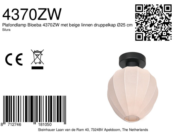 Plafondlamp silura 4370zw – zwart met crème linnen kapje