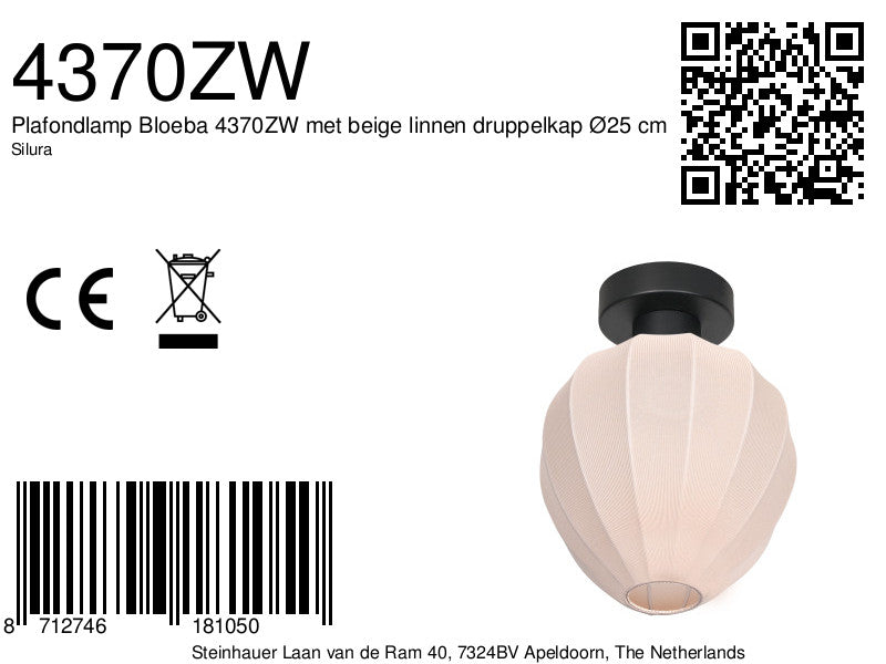 Plafondlamp silura 4370zw – zwart met crème linnen kapje