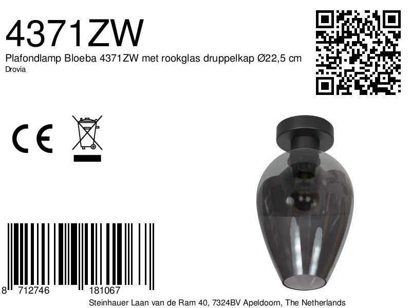 Plafondlamp drovia 4371zw met rookglas druppelvorm ø22,5 cm