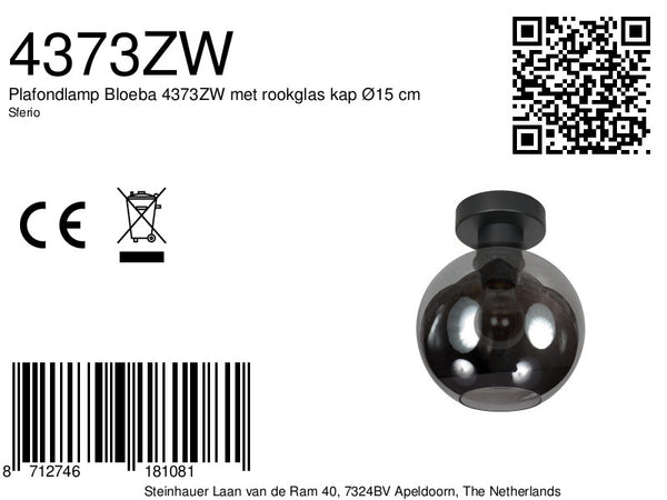 Plafondlamp sferio 4373zw met rookglas kap ø15 cm