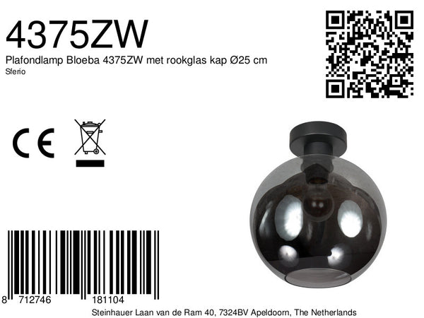 Plafondlamp sferio 4375zw met rookglas kap ø25 cm