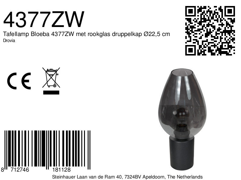Tafellamp drovia 4377zw – met druppelvormig smoke glas