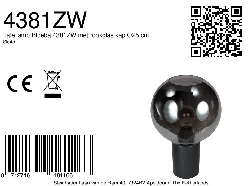 Tafellamp sferio 4381zw met rookglas kap ø25 cm