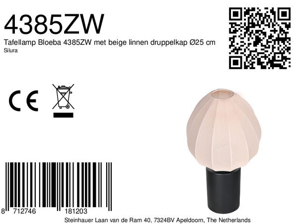 Tafellamp silura 4385zw zwarte lamp met crème linnen kapje