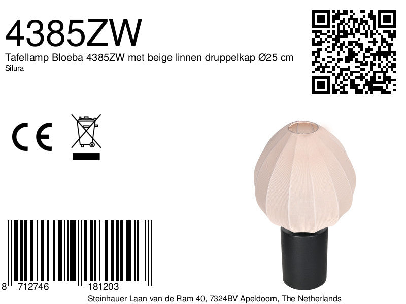 Tafellamp silura 4385zw zwarte lamp met crème linnen kapje
