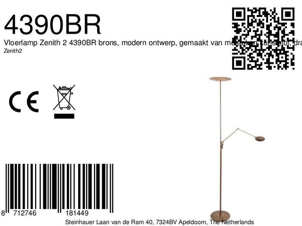 Vloerlamp zenith 2 4390br brons met dubbele reflector