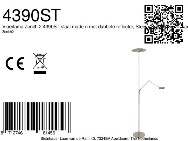 Vloerlamp zenith 2 4390st staal met dubbele reflector