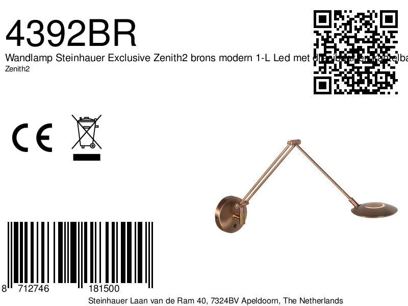 Bronzen wandlamp zenith 2 4392br kleurinstelbaar