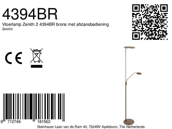 Vloerlamp zenith 2 4394br brons met afstansbediening