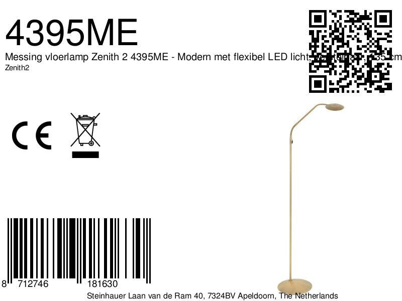 Messing vloerlamp zenith 2 4395me met flexibel led licht