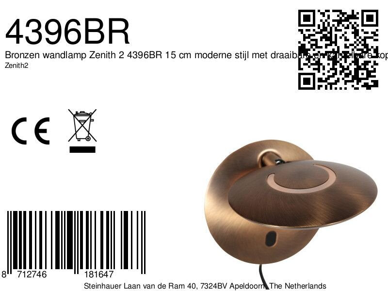 Bronzen wandlamp zenith 2 4396br met afstandsbediening