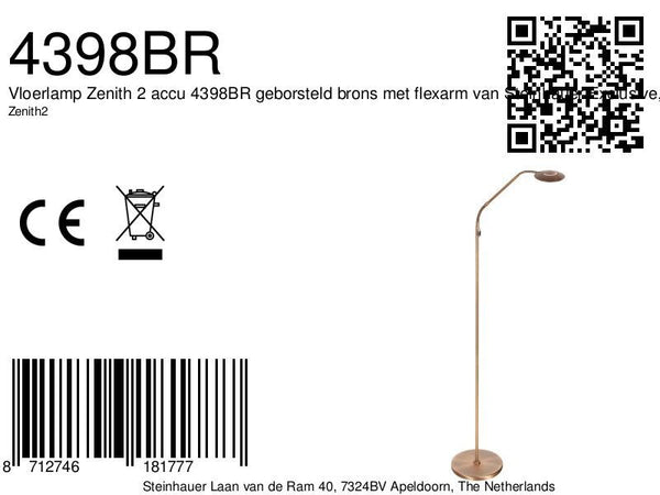 Vloerlamp zenith 2 accu 4398br geborsteld brons met flexarm