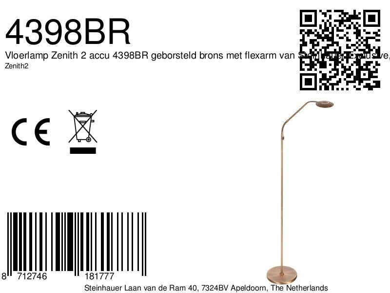Vloerlamp zenith 2 accu 4398br geborsteld brons met flexarm