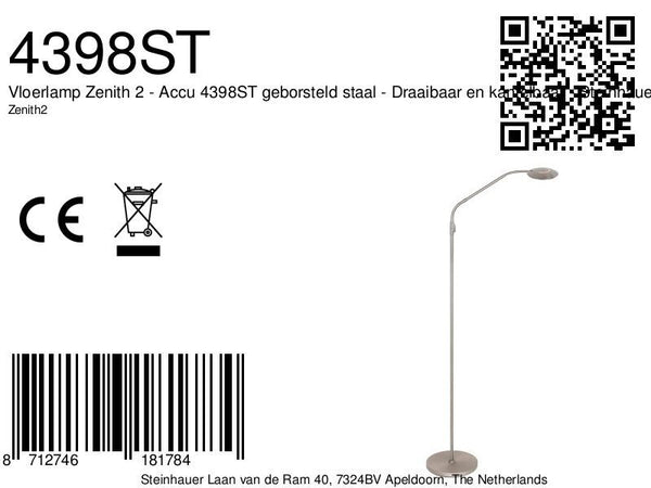 Vloerlamp zenith 2 accu 4398st geborsteld staal met flexarm