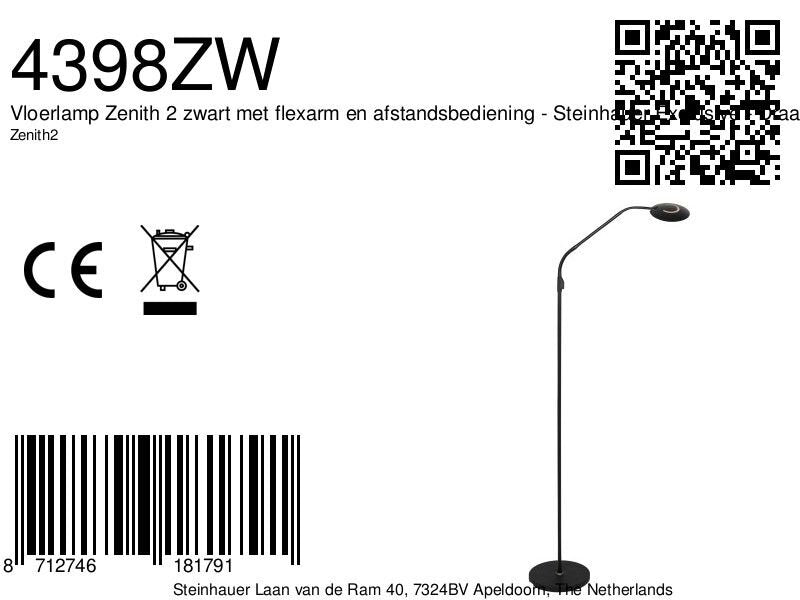 Vloerlamp zenith 2 accu 4398zw zwart met flexarm