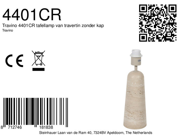 Travino 4401cr tafellamp van travertin zonder kap