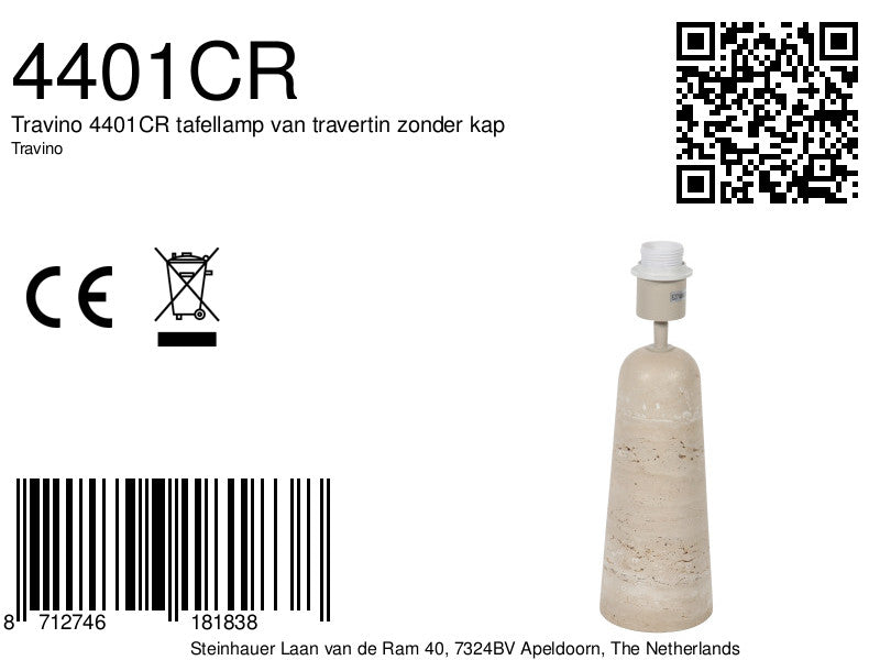 Travino 4401cr tafellamp van travertin zonder kap