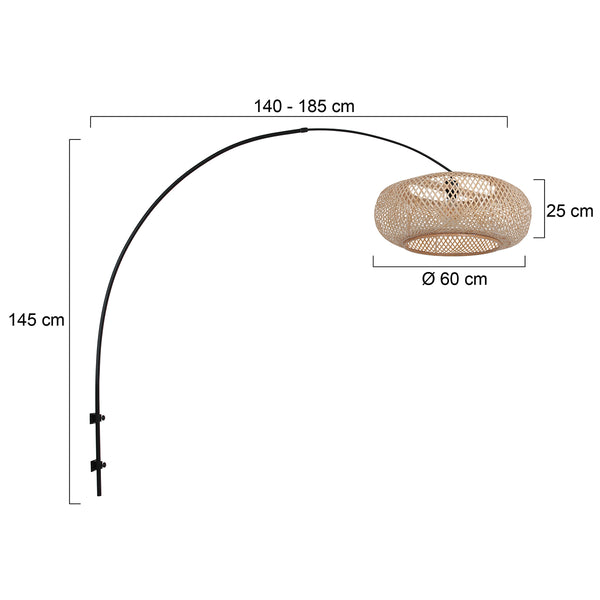 Zwarte boog wandlamp 4404ZW met naturel bamboe kap K2000HS