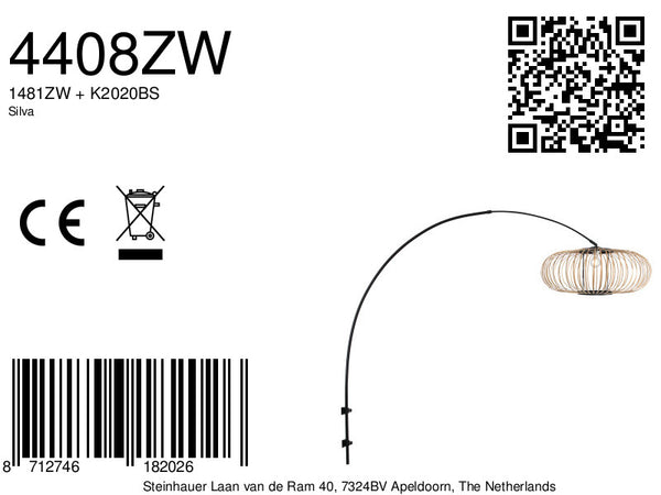 Boog wandlamp sparkled light 4408zw zwart met bamboe kap