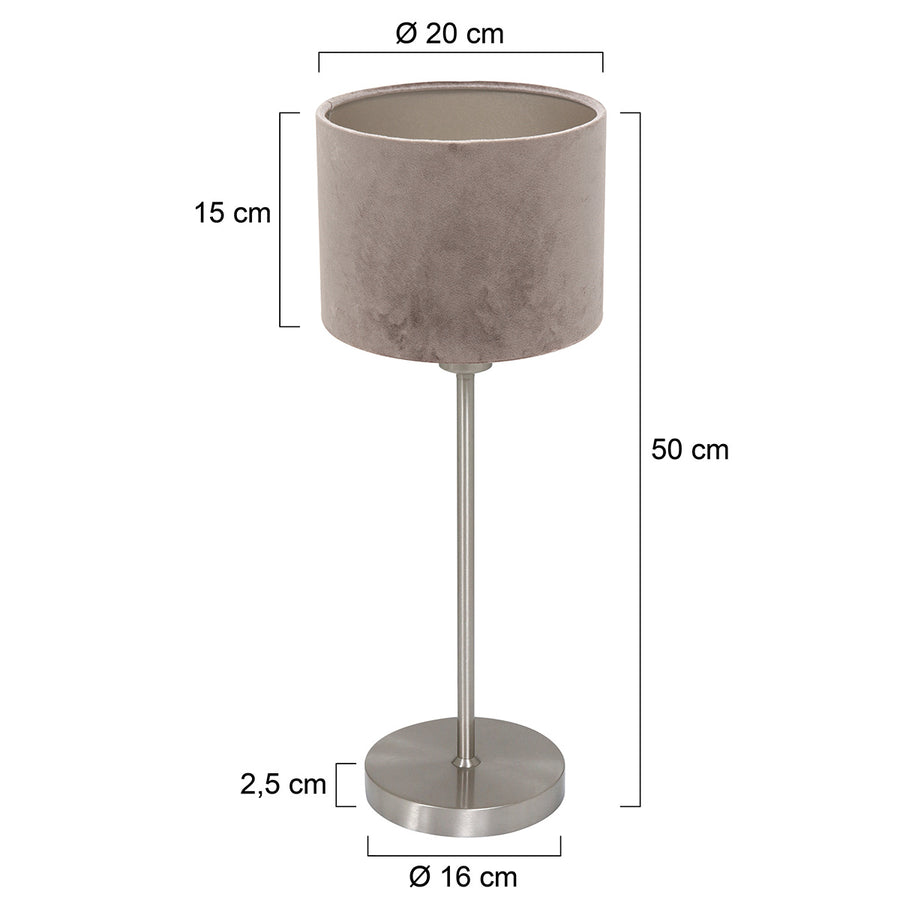 Tafellamp noor 4412st – geborsteld staal met taupe velours kap