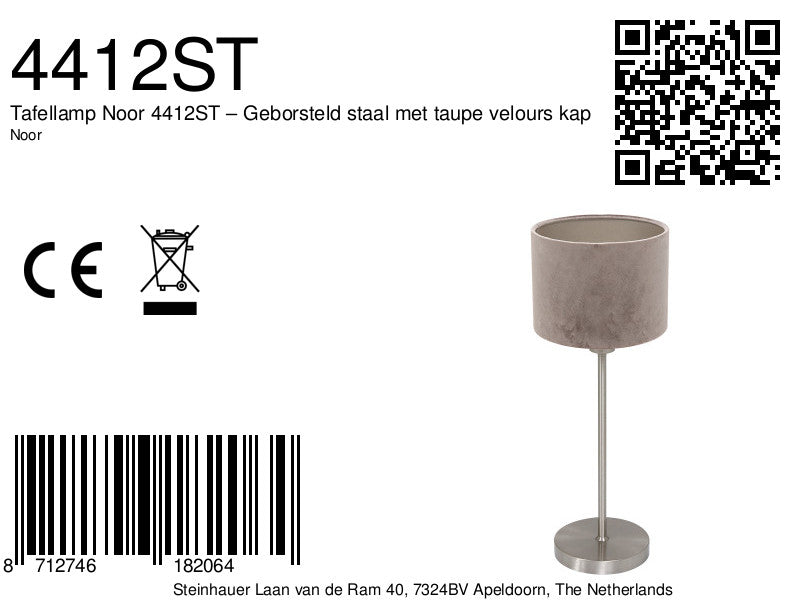 Tafellamp noor 4412st – geborsteld staal met taupe velours kap