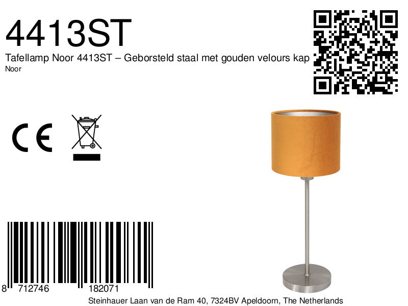 Tafellamp noor 4413st – geborsteld staal met gouden velours kap
