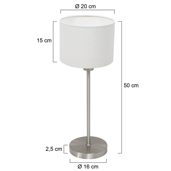 Tafellamp noor 4414st – geborsteld staal met witte linnen kap