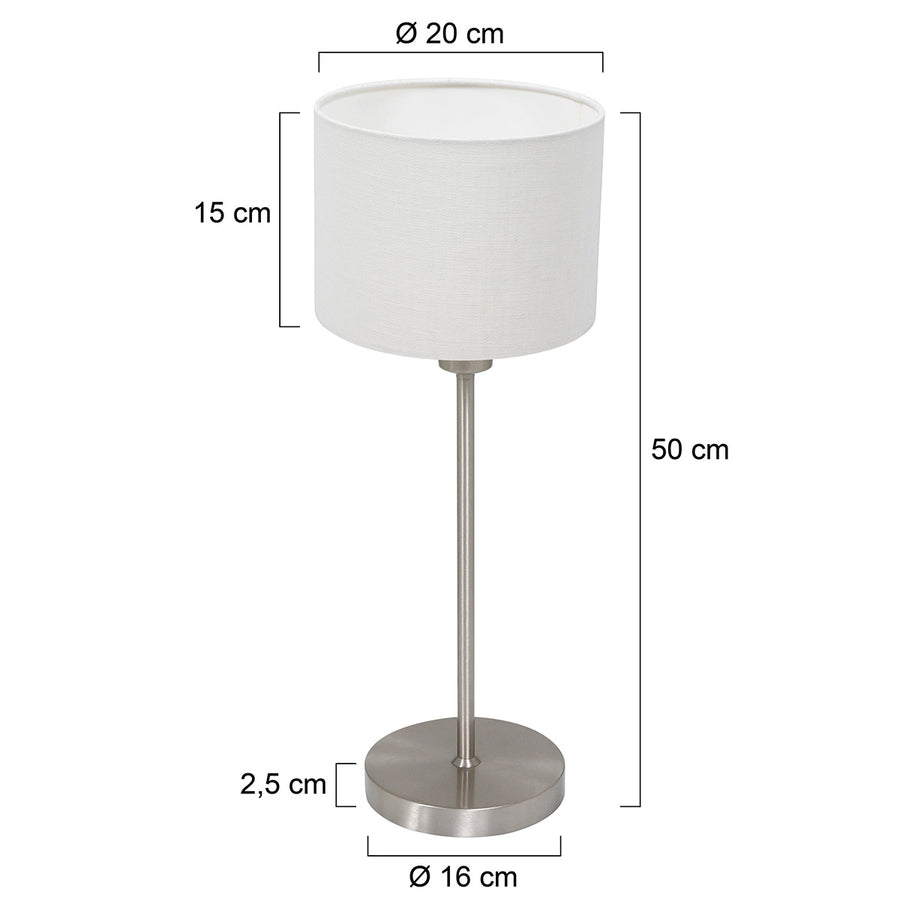 Tafellamp noor 4414st – geborsteld staal met witte linnen kap