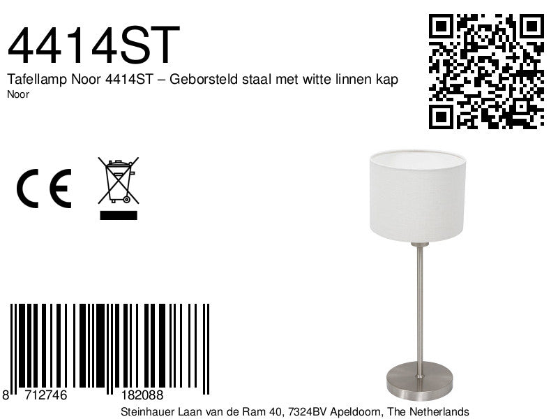 Tafellamp noor 4414st – geborsteld staal met witte linnen kap