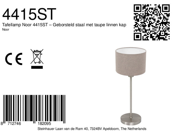 Tafellamp noor 4415st – geborsteld staal met taupe linnen kap
