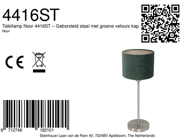 Tafellamp noor 4416st – geborsteld staal met groene velours kap