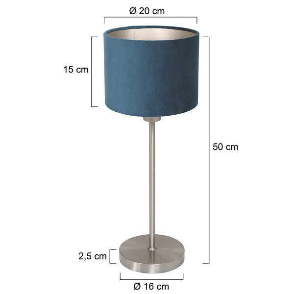 Tafellamp noor 4417st – geborsteld staal met blauwe velours kap