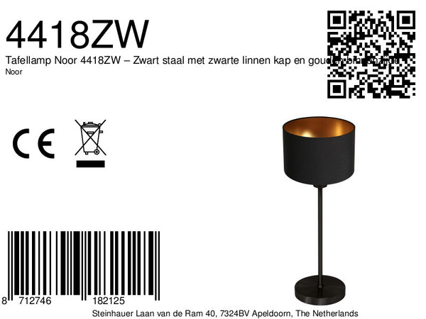 Tafellamp noor 4418zw – zwart staal met zwarte linnen kap en gouden binnenzijde