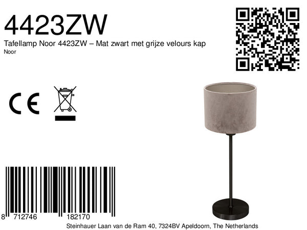Tafellamp noor 4423zw – mat zwart met grijze velours kap