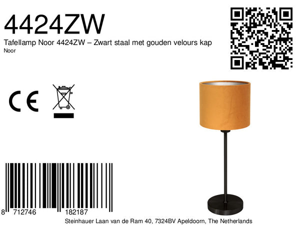 Tafellamp noor 4424zw – zwart staal met gouden velours kap