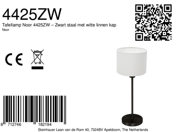 Tafellamp noor 4425zw – zwart staal met witte linnen kap