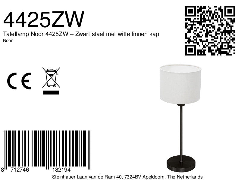 Tafellamp noor 4425zw – zwart staal met witte linnen kap