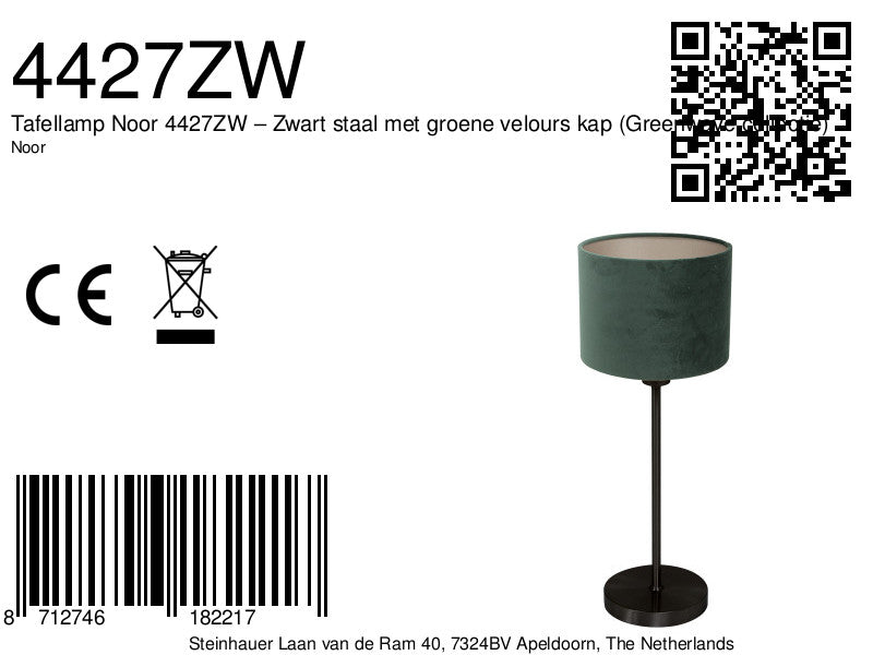 Tafellamp noor 4427zw – zwart staal met groene velours kap (greenwave collectie)