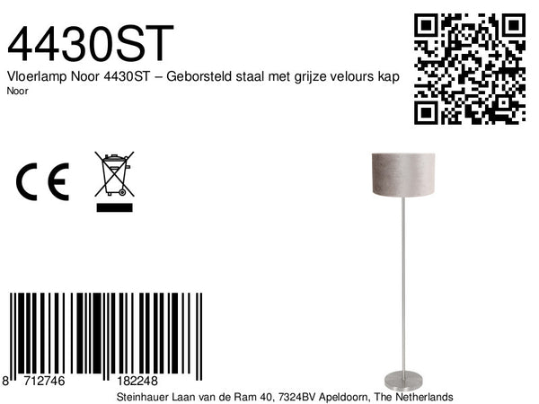 Vloerlamp noor 4430st – geborsteld staal met grijze velours kap