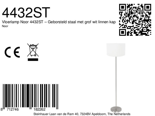 Vloerlamp noor 4432st – geborsteld staal met grof wit linnen kap