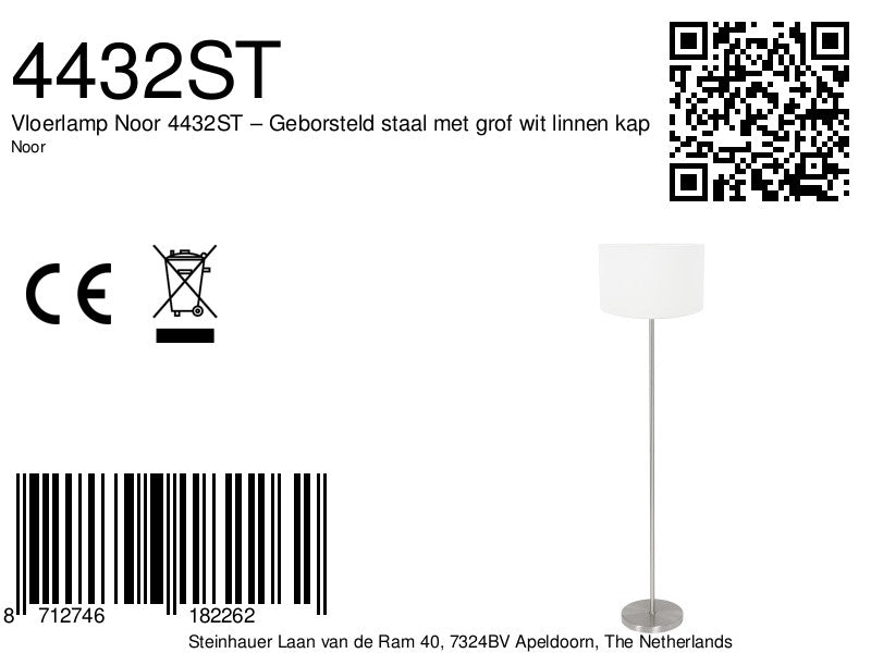 Vloerlamp noor 4432st – geborsteld staal met grof wit linnen kap