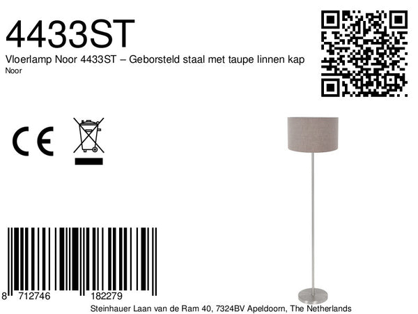 Vloerlamp noor 4433st – geborsteld staal met taupe linnen kap