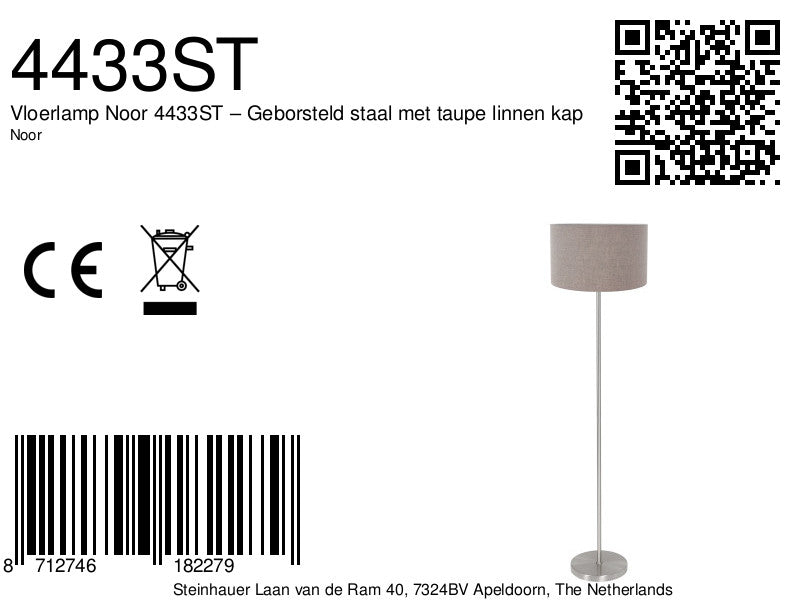 Vloerlamp noor 4433st – geborsteld staal met taupe linnen kap