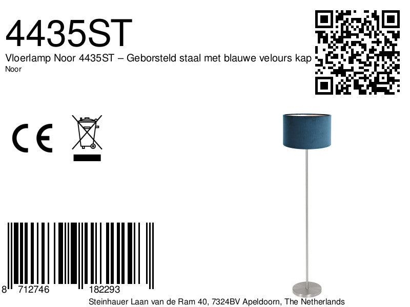 Vloerlamp noor 4435st – geborsteld staal met blauwe velours kap