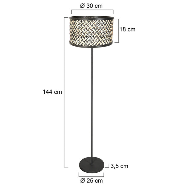 Vloerlamp noor 4438zw – zwart armatuur met bamboe kap naturel/zwart