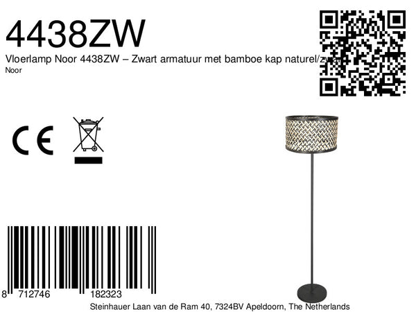 Vloerlamp noor 4438zw – zwart armatuur met bamboe kap naturel/zwart
