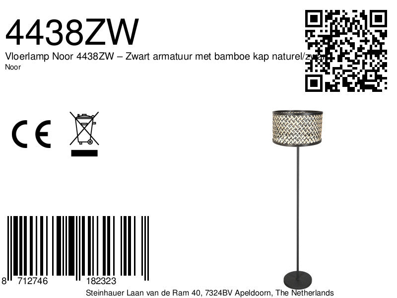 Vloerlamp noor 4438zw – zwart armatuur met bamboe kap naturel/zwart