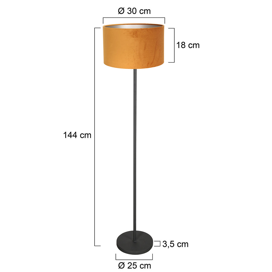 Vloerlamp noor 4442zw – mat zwart met gouden velours kap